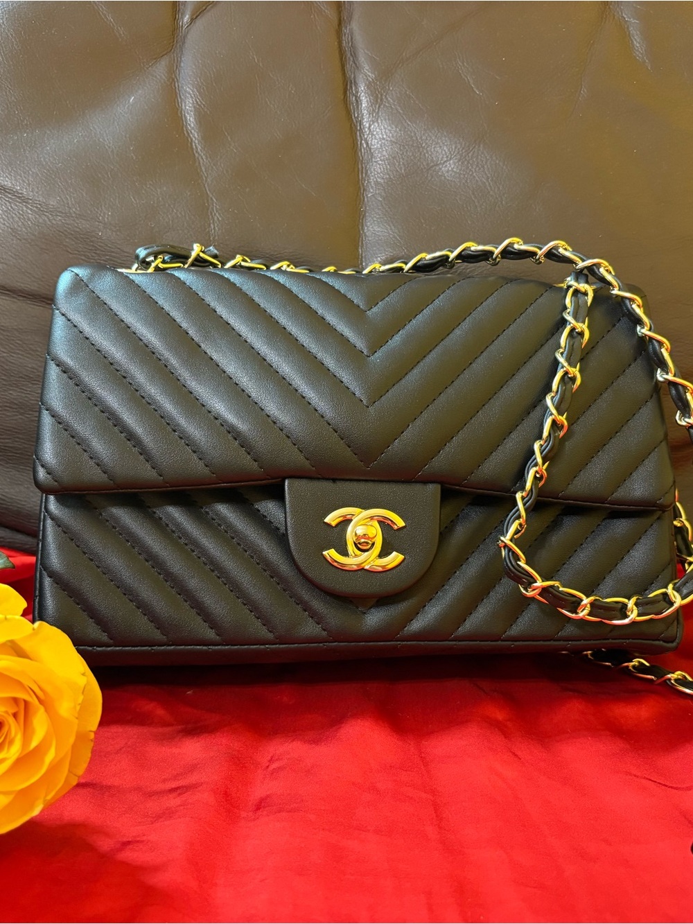 CHANEL Black Chevron Quilted Shoulder Bag with Gold Hardware